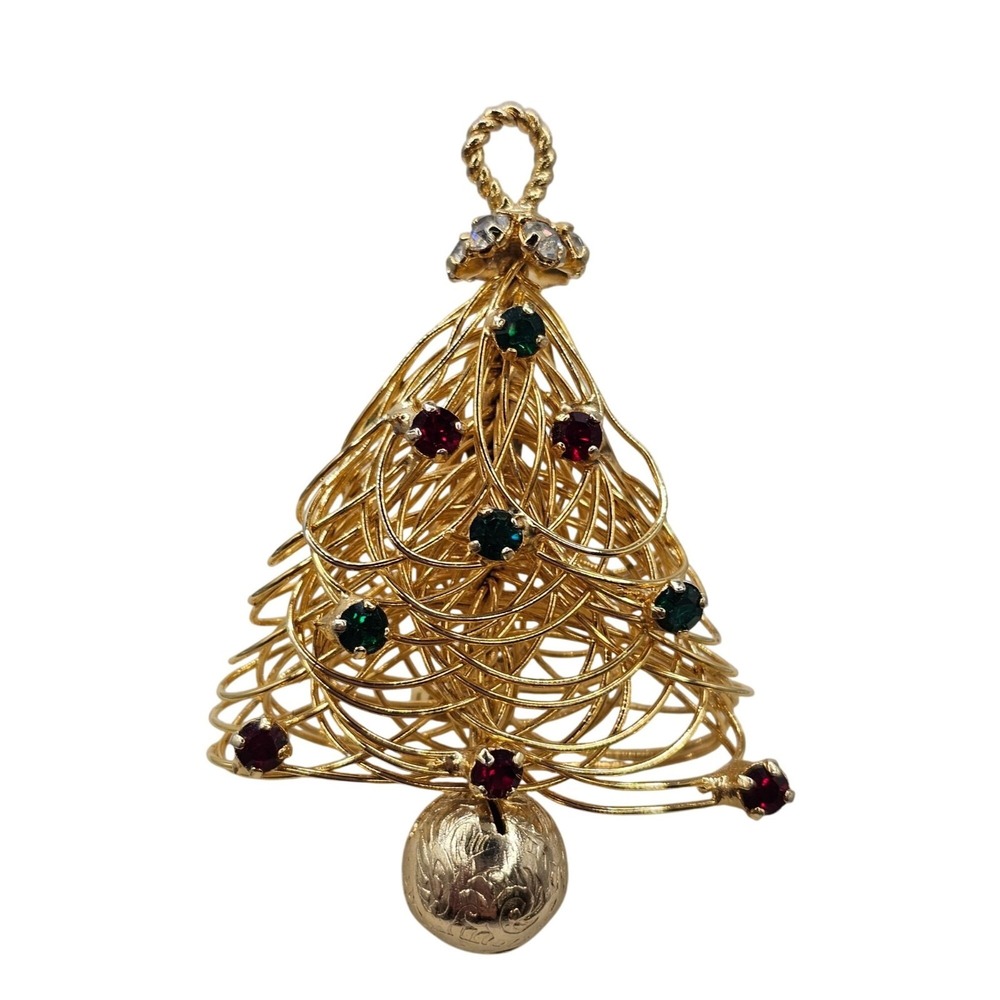 Vtg Eisenberg‎ Christmas Tree Brooch Rhinestone Holiday Pin Gold Tone Wire Wrap